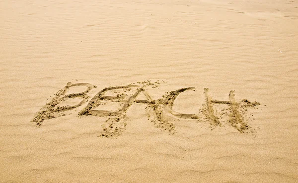 Plage Écrite Dans Sable Par Une Journée Ensoleillée — Photo