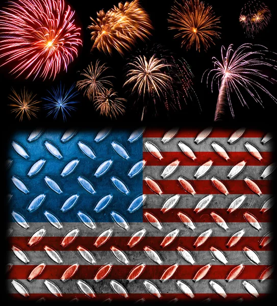 Fireworks in the Bckground of a Steel Plated American Flag — Stock Photo, Image