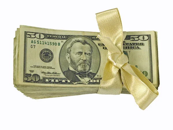 Валюта США, обернутая в риббон в качестве подарка — стоковое фото