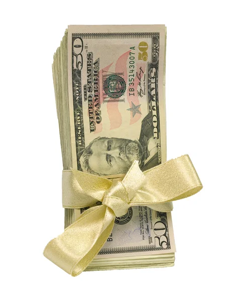 Валюта США, обернутая в риббон в качестве подарка — стоковое фото