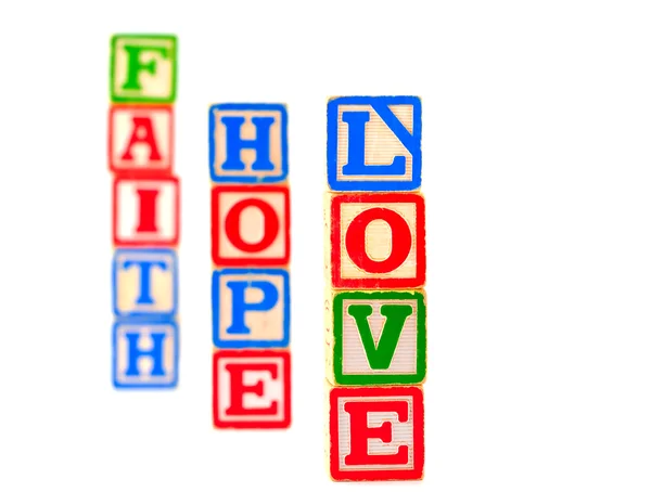Πολύχρωμο αλφάβητο πίστη μπλοκ ελπίδα και αγάπη — Φωτογραφία Αρχείου