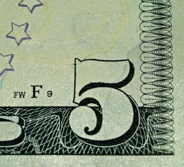 Makro peníze detail 5 dolaru — Stock fotografie