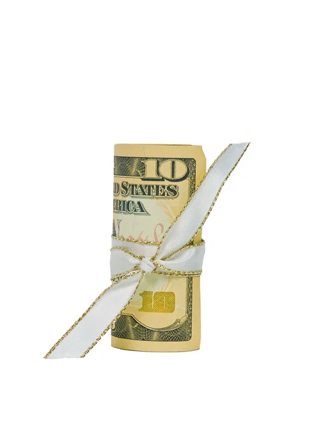 A single US Banknote rolled and tied with a white ribbon. — Stock Photo, Image