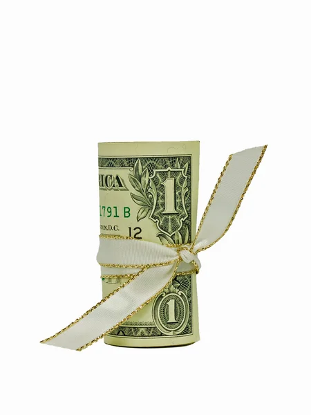 A single US Banknote rolled and tied with a white ribbon. — Stock Photo, Image