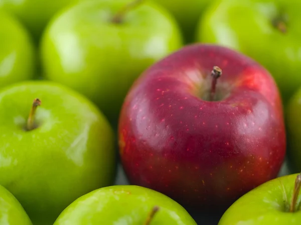 Υπόβαθρο της πράσινα μήλα με ένα ενιαίο κόκκινο νόστιμα — Φωτογραφία Αρχείου