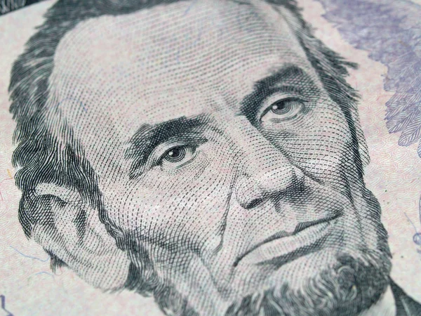 Makró az Egyesült Államok öt dollár Bill: Abraham Lincoln — Stock Fotó