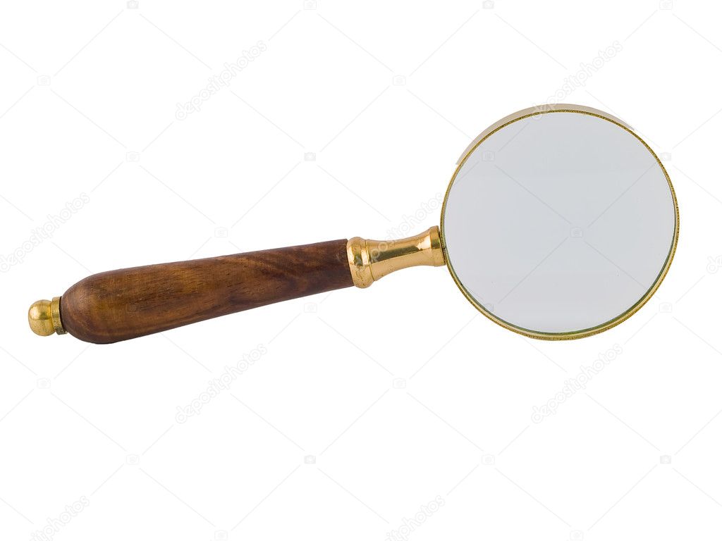 A brass and wood magnifying glass isolated on white