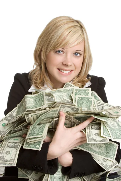 Affärskvinna anläggning pengar — Stockfoto