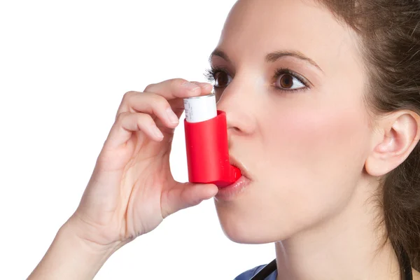 Asma inhalador chica — Foto de Stock