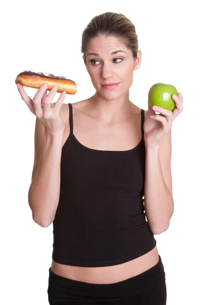 Diet Woman Holding Donut Apple — Stock Photo, Image