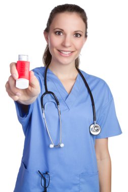 Beautiful nurse holding asthma inhaler clipart