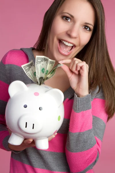 Mulher Levando Dinheiro Banco Porquinho — Fotografia de Stock