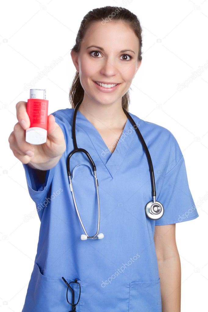 Beautiful nurse holding asthma inhaler