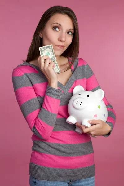 持有小猪存钱的女人 — 图库照片