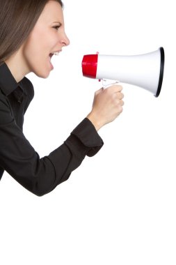 Young woman yelling into megaphone clipart