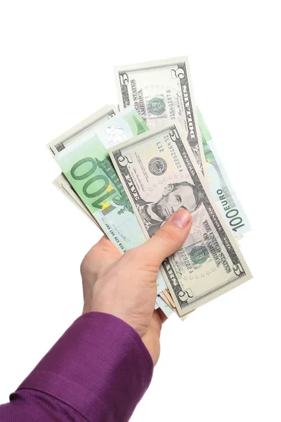 Penger i hånd isolert på hvitt – stockfoto