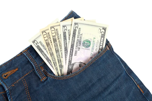 Dinheiro no bolso jeans azul — Fotografia de Stock