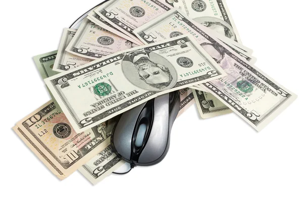 Dinheiro e pc mouse isolado em branco — Fotografia de Stock