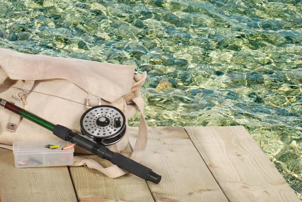 stock image Fly fishing equipment on a dock