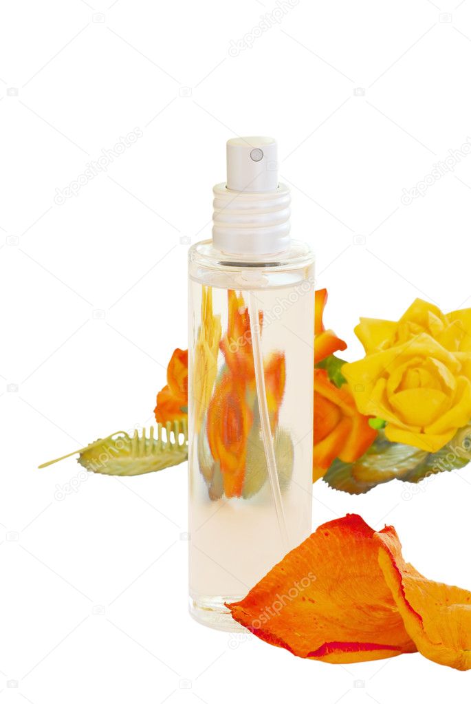 Perfume bottle with roses and petals