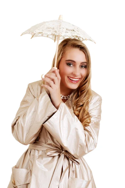 Laughing blond teenager with lace umbrella — Stock Photo, Image