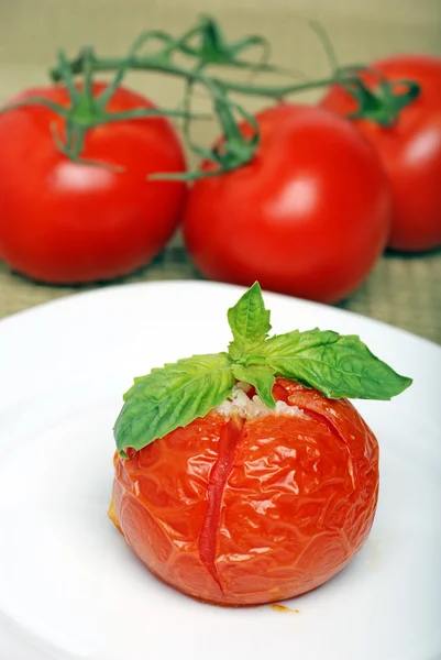 Geroosterde tomaat met verse basilicum — Stockfoto