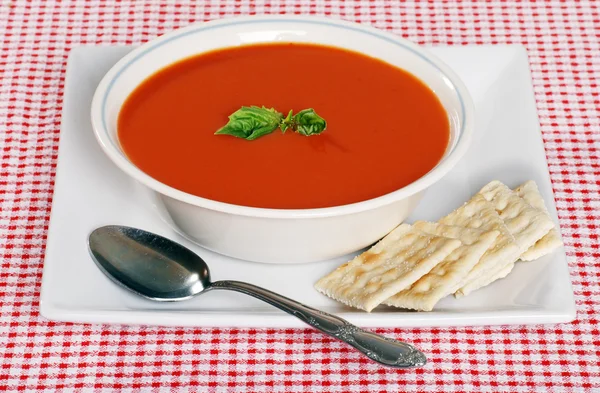Томатный суп в миске с базиликом — стоковое фото