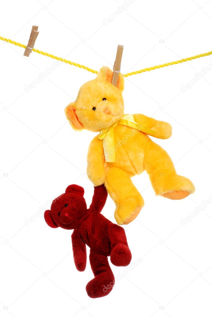 Teddy bear on clothes line rescuing another