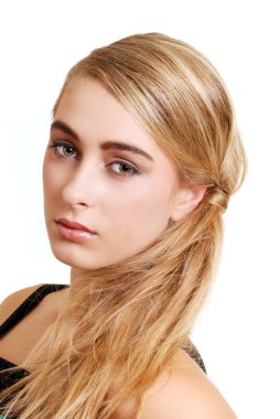 Isolated young blond woman side portrait on white background clipart