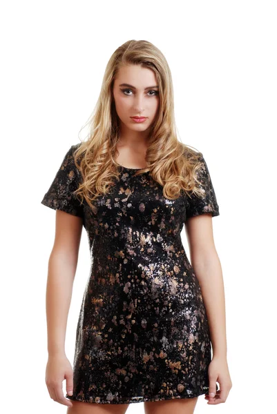 Isolated Blond Teenager Wearing Black Gold Dress White Background — Stock Photo, Image