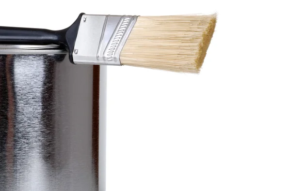 Pincel Pintura Closeup Isolado Lata Com Fundo Branco — Fotografia de Stock