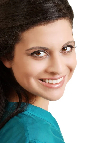 Portret uśmiechający się hiszpanin kobieta z góry niebieski — Zdjęcie stockowe