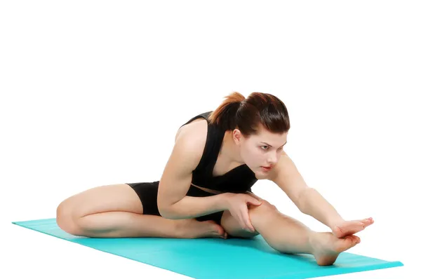 Isolerade Ung Kvinna Göra Stretching Motion Vit Bakgrund — Stockfoto