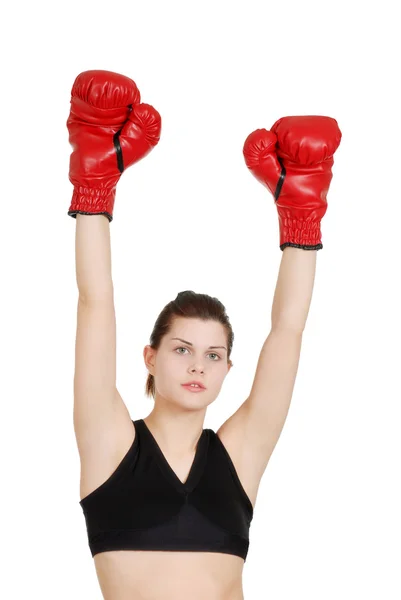 Mujer Joven Aislada Boxeador Exitoso Sobre Fondo Blanco — Foto de Stock