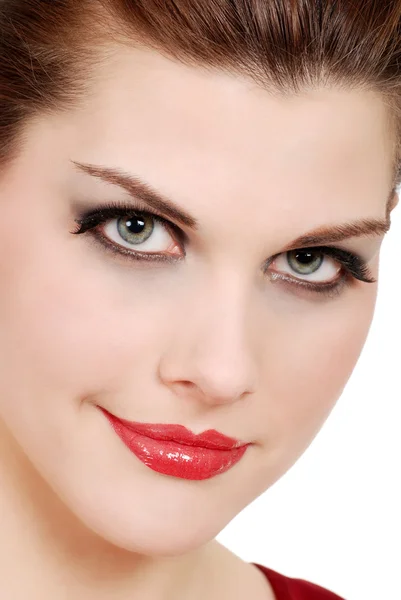 Close Van Een Jonge Vrouw Met Rode Lippenstift — Stockfoto