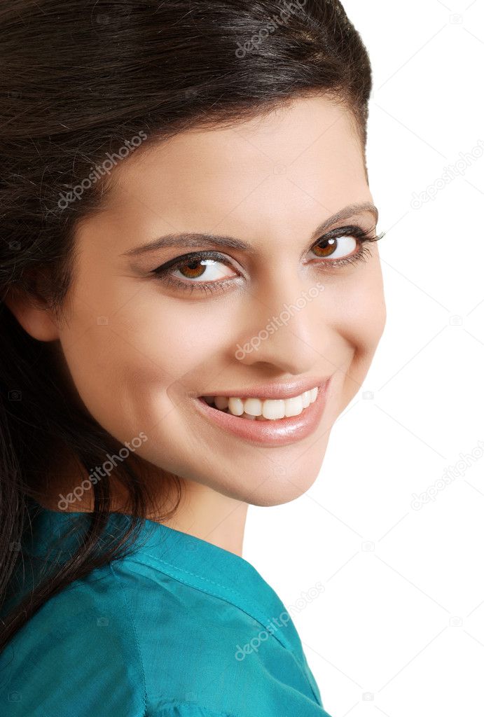 Portrait smiling hispanic woman with blue top