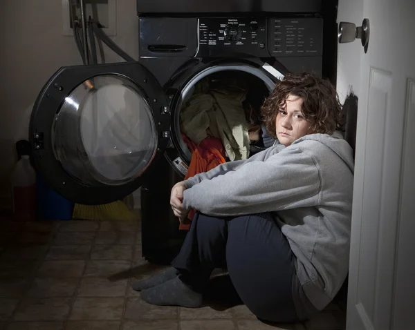 Woman Crying Laundry Room Being Abused — Stock Photo, Image