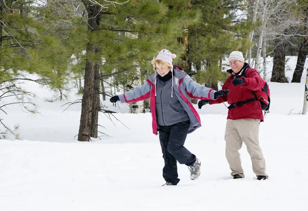 活跃退休的夫妇玩雪 — 图库照片