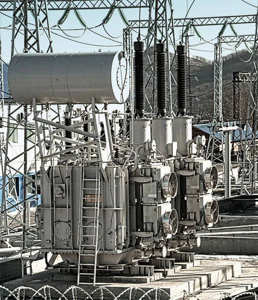 Transformator Olie Elektrische Substation Winter — Stockfoto