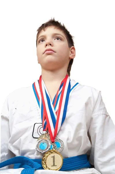 十几岁的男孩穿获奖奖牌 — 图库照片