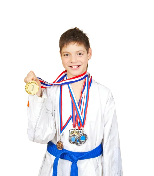 Menino Adolescente Atraente Vestindo Medalha Ganhadora Torno Seu Pescoço — Fotografia de Stock