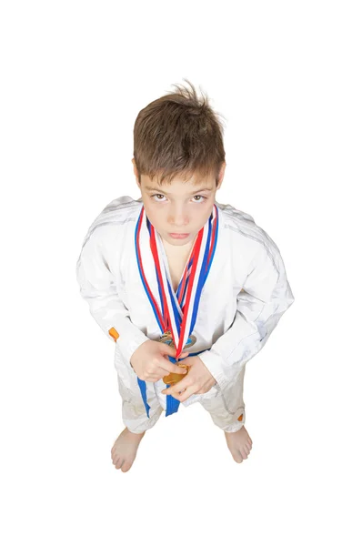 Menino adolescente vestindo medalha vencedora — Fotografia de Stock