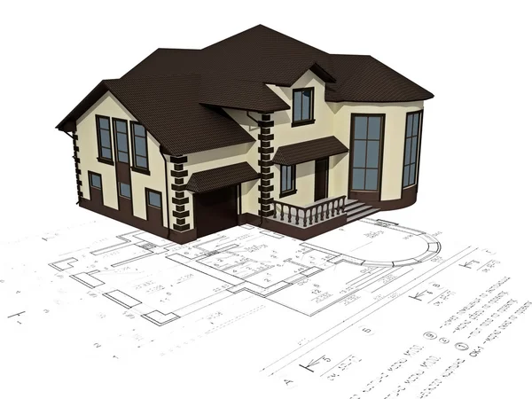 Gambar 3D rumah pada rencana — Stok Foto