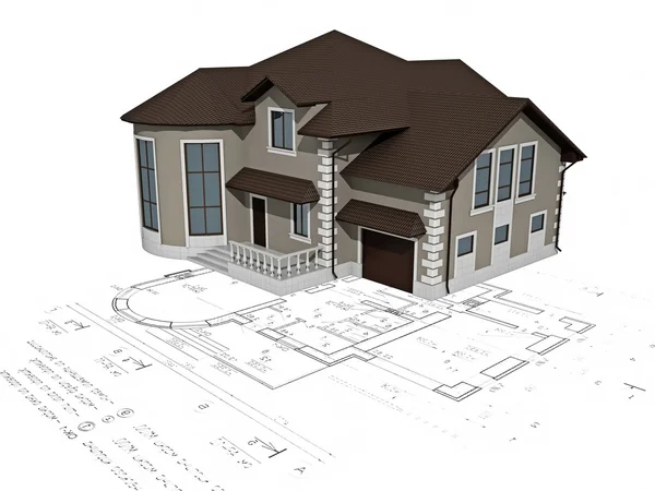 De 3D-afbeelding van huis op het plan — Stockfoto