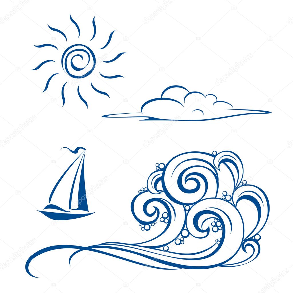 Boat waves, clouds and sun. Vector illustration on white