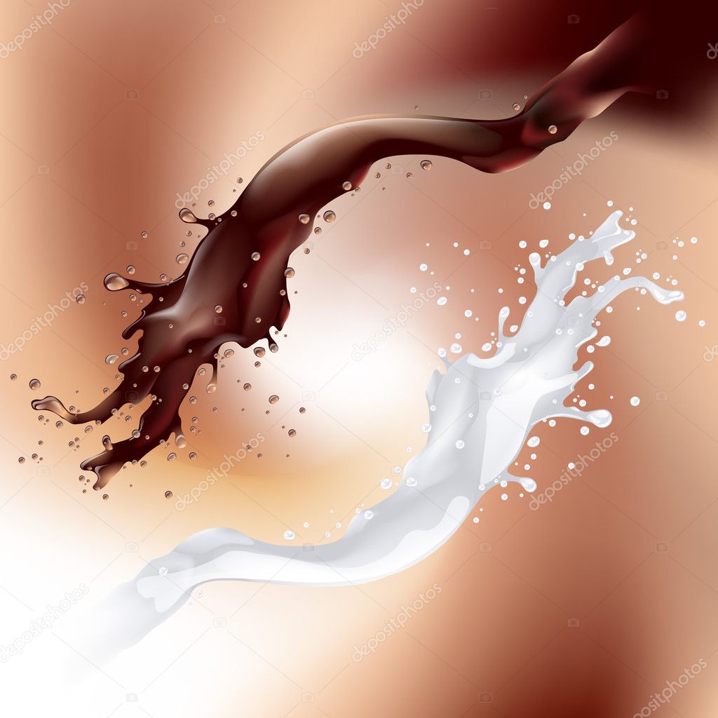 Chocolate and milk splash isolated on swirl background. Vector illustration.