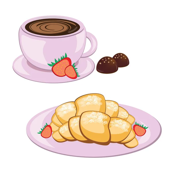 Coffee in round mug and croissant — Stock Vector