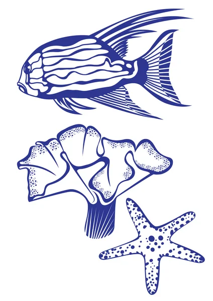 Tropiska fiskar, koraller och sjöstjärnor. — Stock vektor