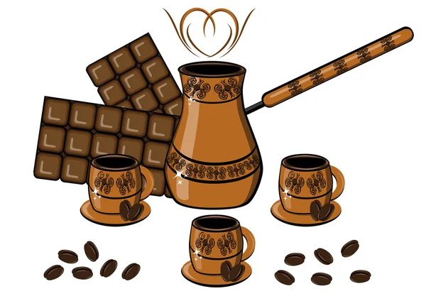 กาแฟ ช็อคโกแลต ถ้วย และหม้อกาแฟ — ภาพเวกเตอร์สต็อก