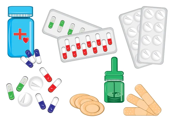 Різні медичні пляшки та таблетки — стоковий вектор